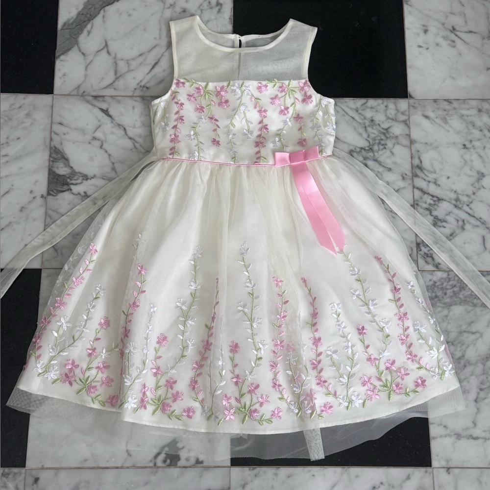 Jona Michelle Ivory Floral Tulle Dress 7 Pink Bow Embroidered Sheer Party Easter